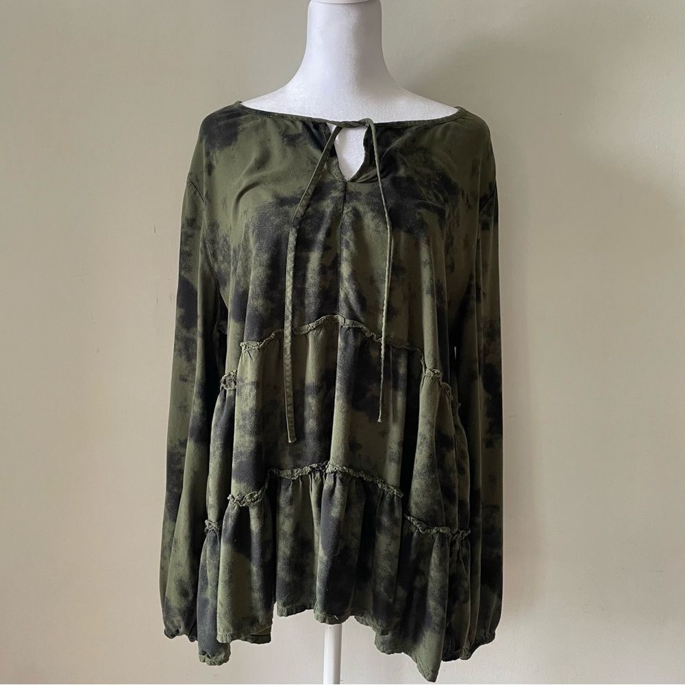 Beach Lunch Lounge Tiered Tunic Viscose Top Blouse Smokey Olive Tie Dye Size XL
